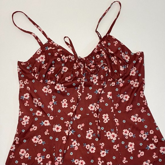 Cbr Burgundy Floral Print Back Zip Side Split Sleeveless Dress Women Size L - Picture 7 of 12